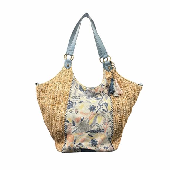 Sakroots Handbags - Sakroots Roma Shopper Tote Straw Floral Canvas Bag Blue Trim & Tassel Charm